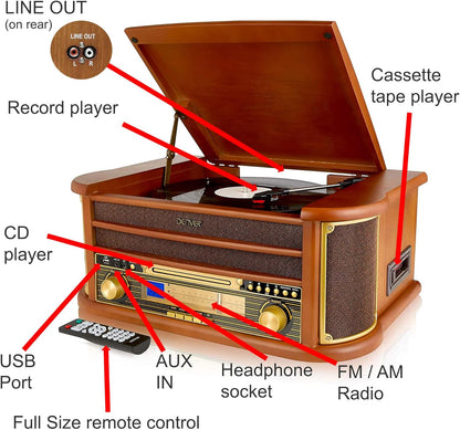 8-in-1 CD Cassette Player Retro Wooden Record Player HiFi System